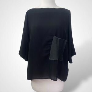 Zara Blouse Top Leather Patch Pocket Women Size M Black 3/4 Sleeve Boat Neck